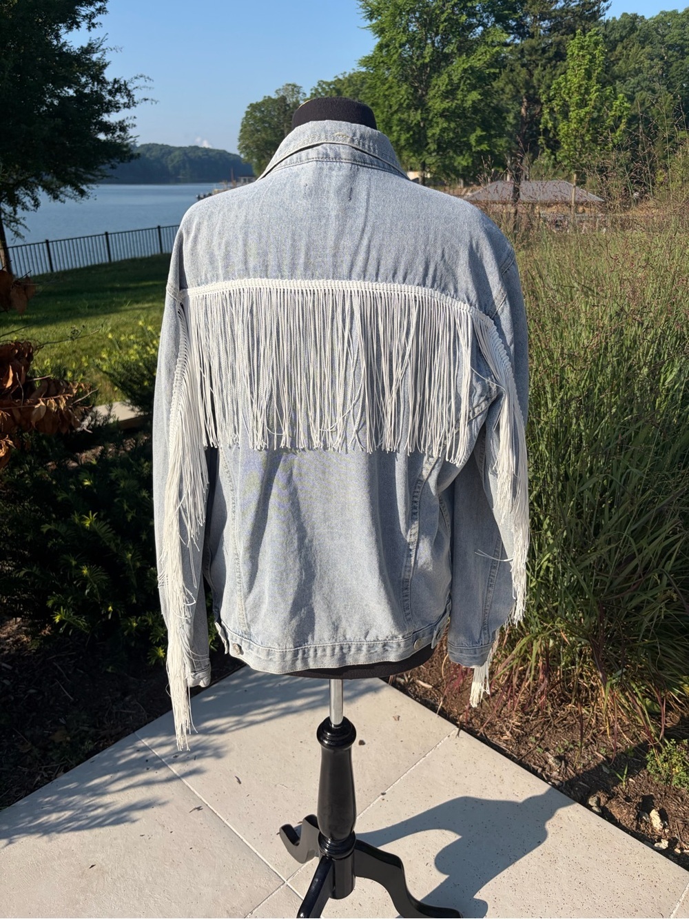 Elia Cher Fringe Denim Jacket Small Boho Western Festival Light Wash Oversized